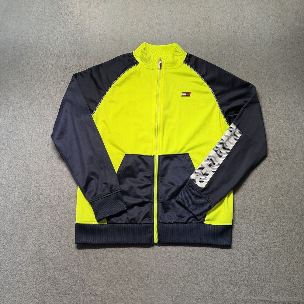 Tommy Hilfiger Boys XL (20) Track Jacket Neon Yellow Navy Full Zip Spellout Logo